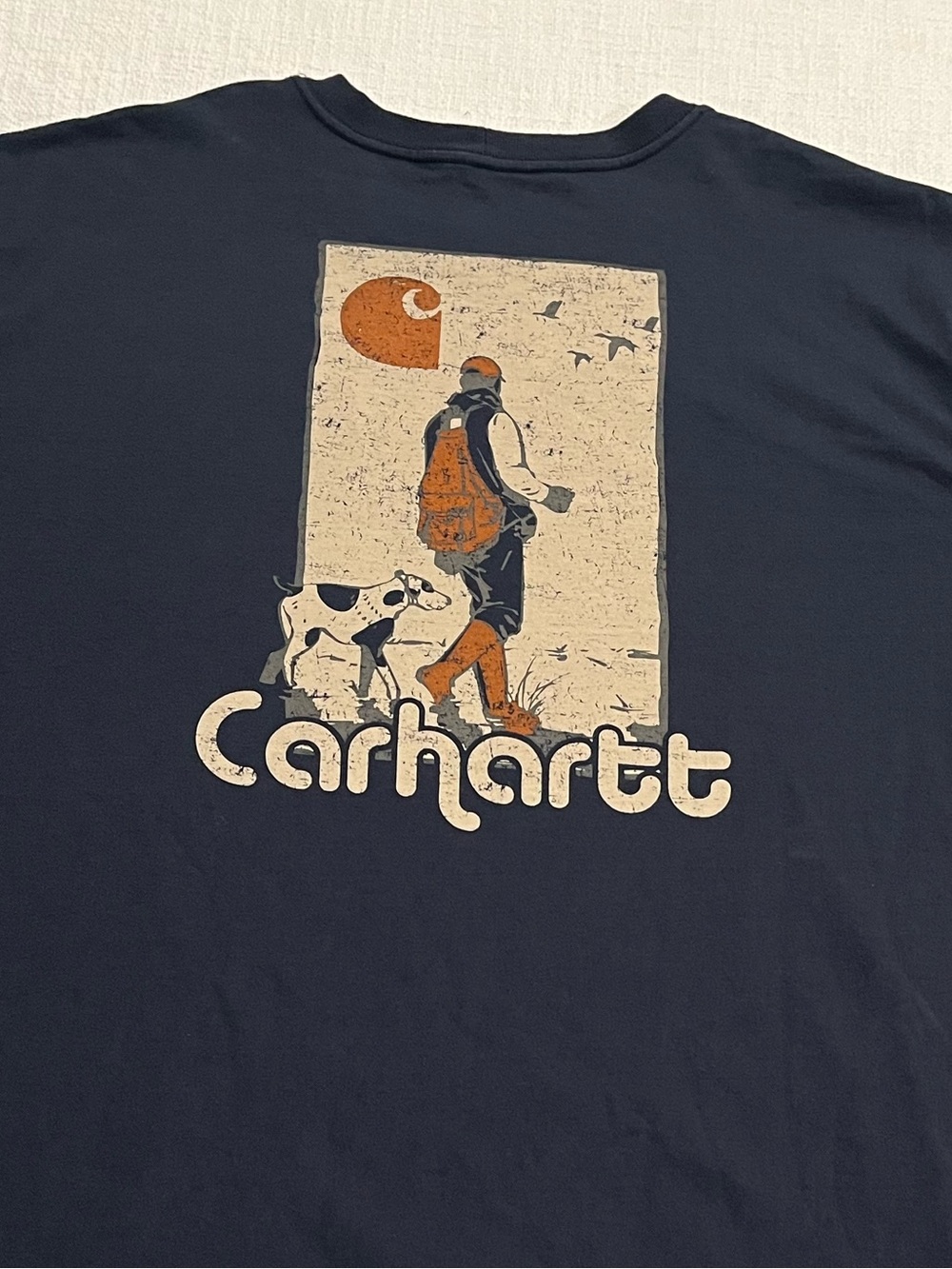 Carhartt Mens XL Tall Loose Fit T-Shirt Navy Blue Hunting Dog Duck Graphic Tee